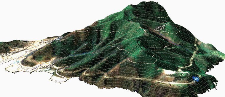 「3D地形モデル」と「斜面崩壊危険度解析結果」